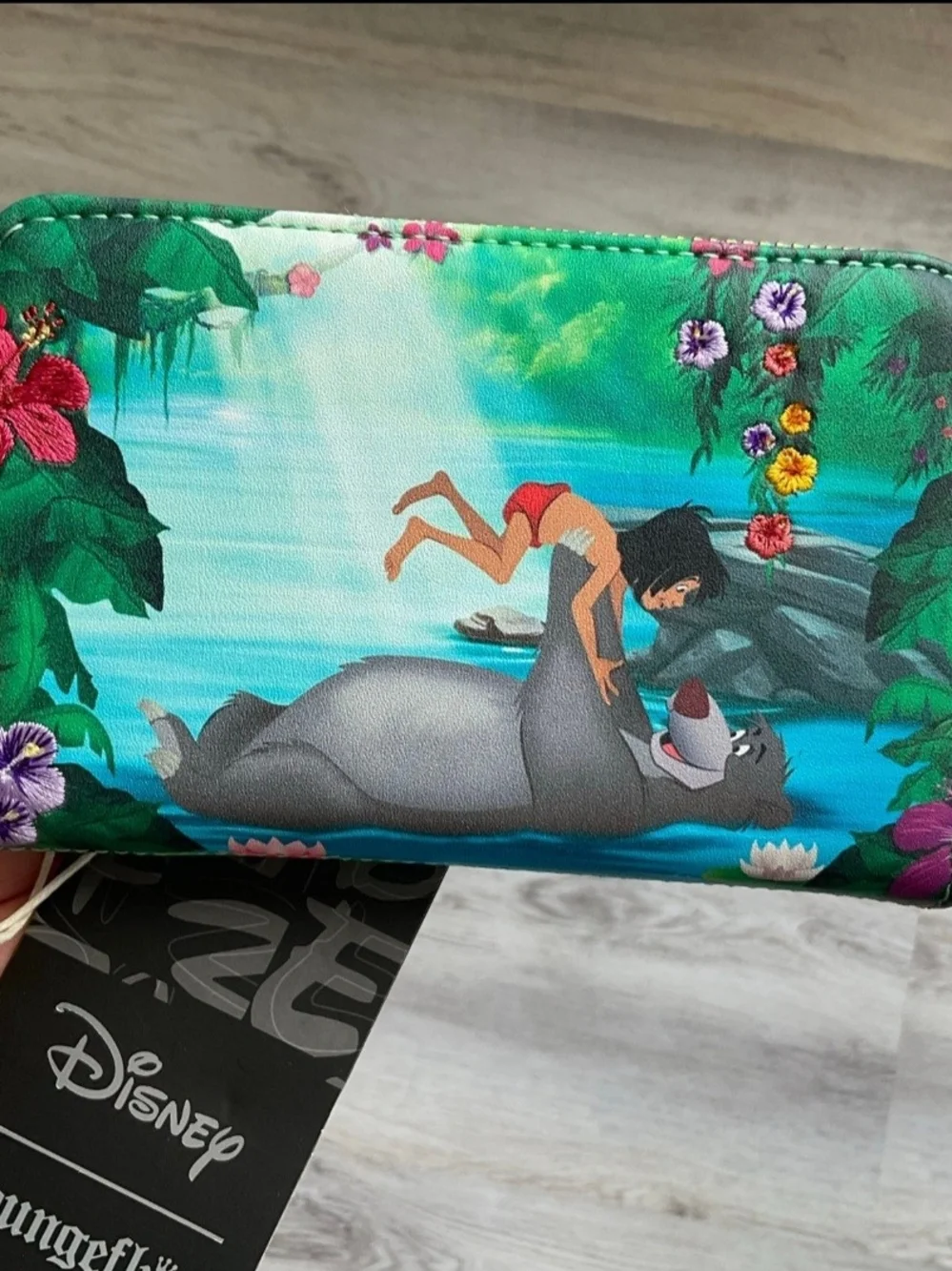 Loungefly Disney Jungle Green Zip Wallet with Pink Floral Accents